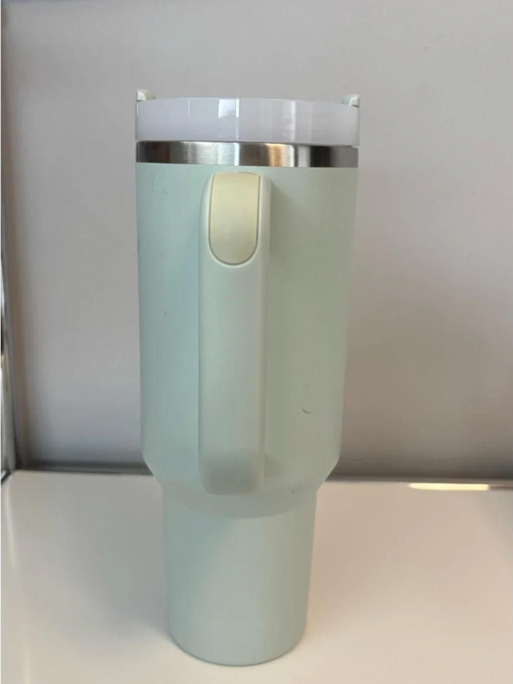 One Stanley Mint Green Travel Tumbler with Handle one grey blue Stanley Tumbler - Picture 3 of 11